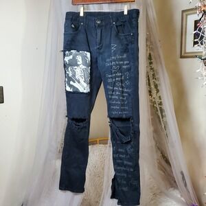 DNM Collection Men's Jimi Hendrix Distressed Graphic Black Jeans 36x33 Rock